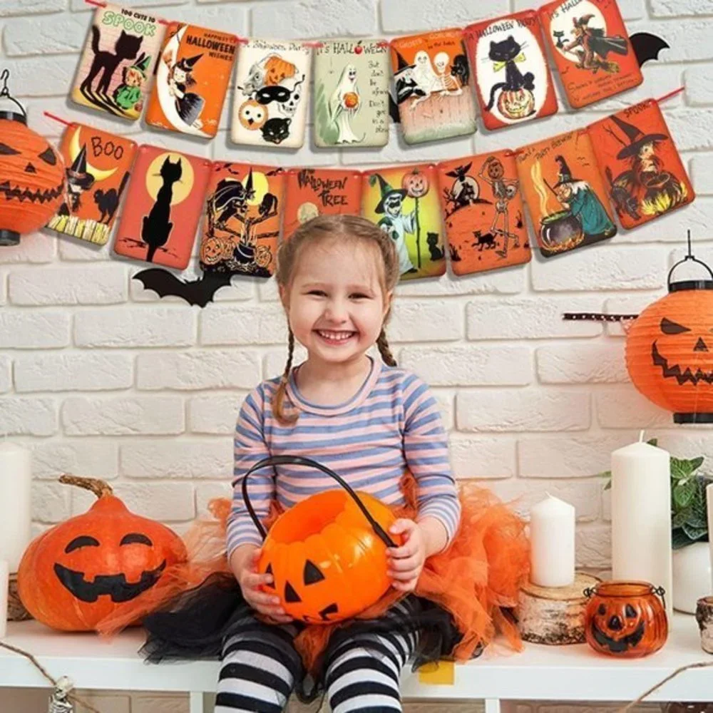 Halloween Pumpkin Flag Victorian Style Cats Witch Ghost Party Garland Decoration